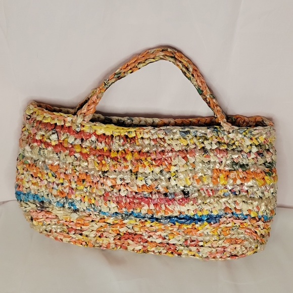 Vintage Handmade plastic bag mini tote bag fabric lined upcycled repurposed - Picture 5 of 10